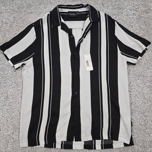 7Diamonds Shirt Men Small Black White‎  All Shook Up Vertical Stripe Rockabilly - Picture 1 of 9